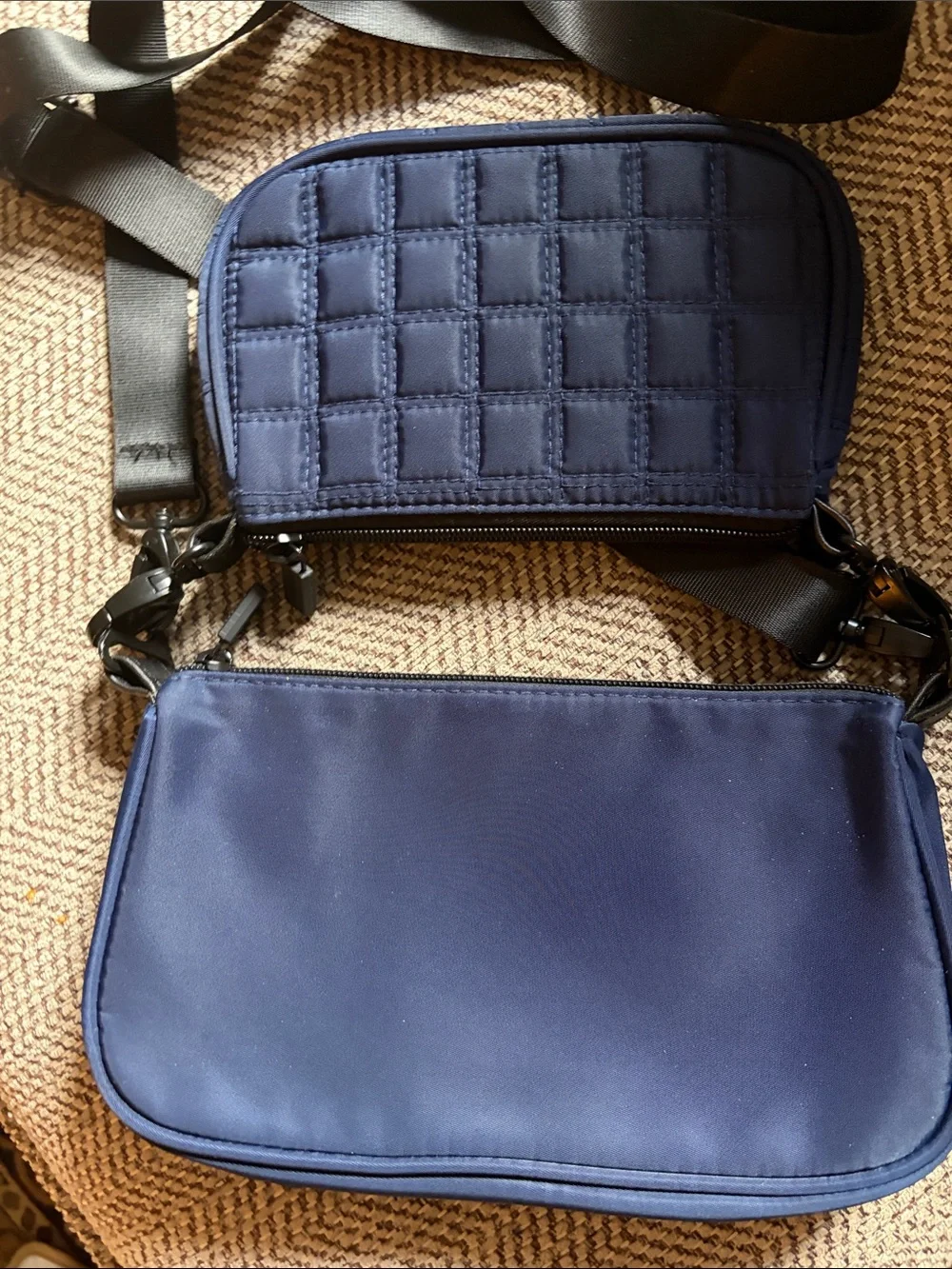IHKWIP Nylon Detachable Double Pouch Crossbody Bag Navy Quilted RFID Travelcore